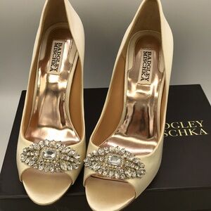Mi Cream Satin Peep-Toe Heels with Crystal Cluster Accent